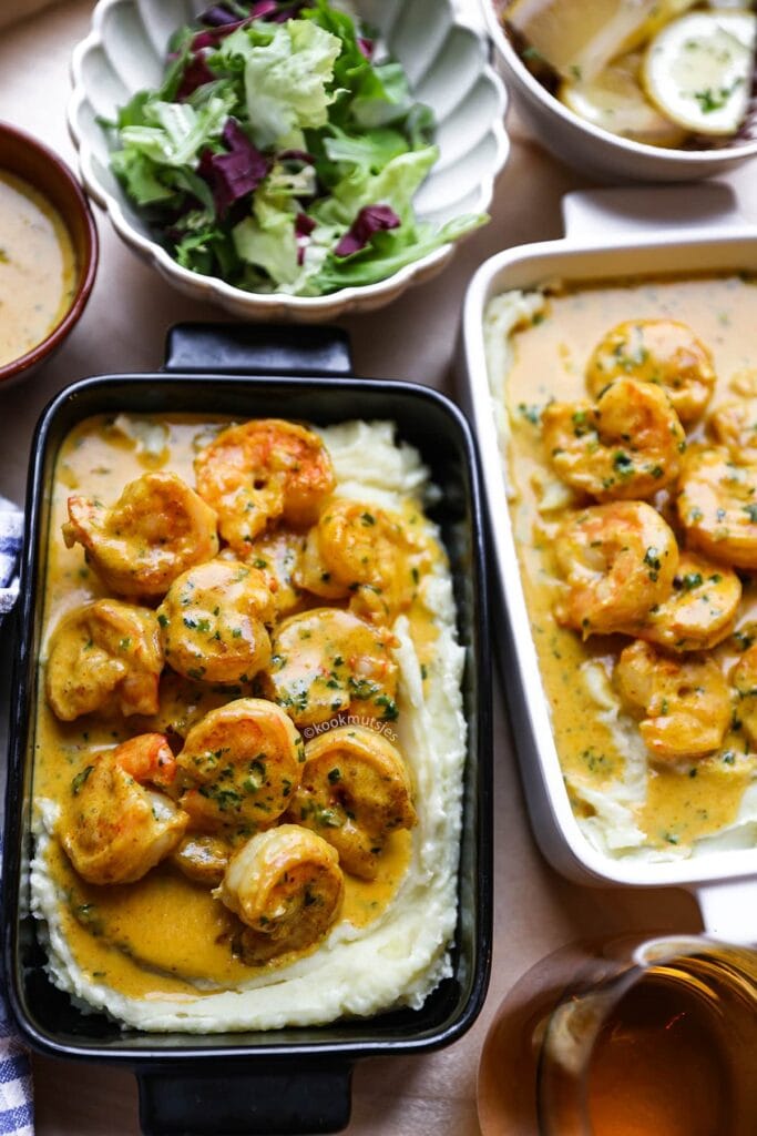 Romige Aardappelpuree met Garnalen in saus eindresultaat Kookmutsjes