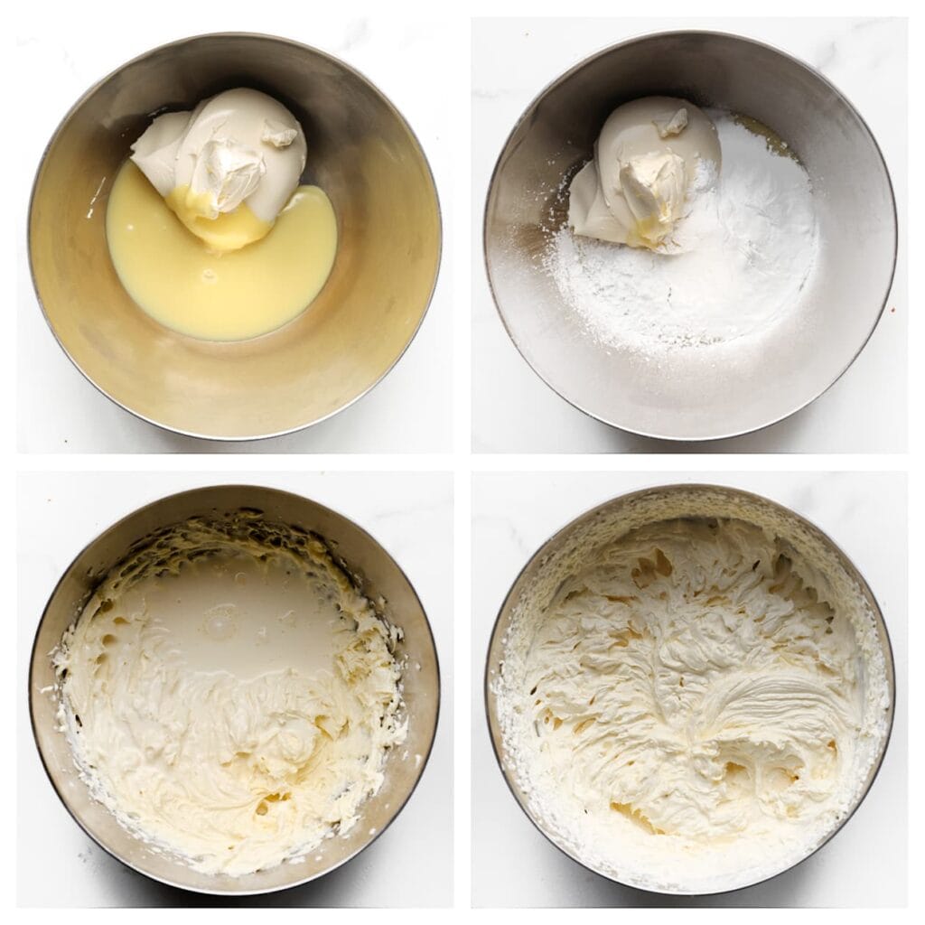 Doe de mascarpone, afgekoelde ganache, vanillesuiker, klopfix en poedersuiker in een diepe kom. Mix 1 minuut. Voeg geleidelijk de ongeklopte slagroom (500 ml) toe en mix door tot de room stevig is.