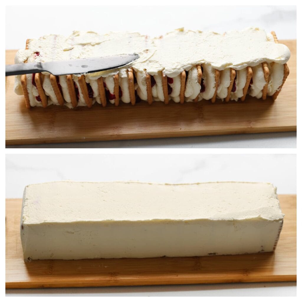 Smeer vervolgens wat room over de bovenkant en zijkanten van de koekjes en maak alles glad met een spatel.