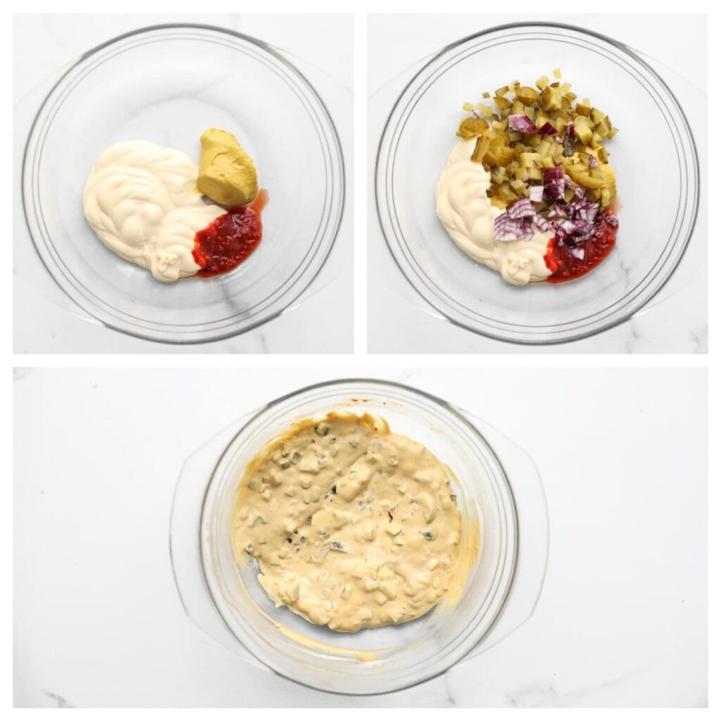 Meng in een kom de mayonaise, mosterd, sambal, gesnipperde rode ui en fijngesneden augurk tot een saus.