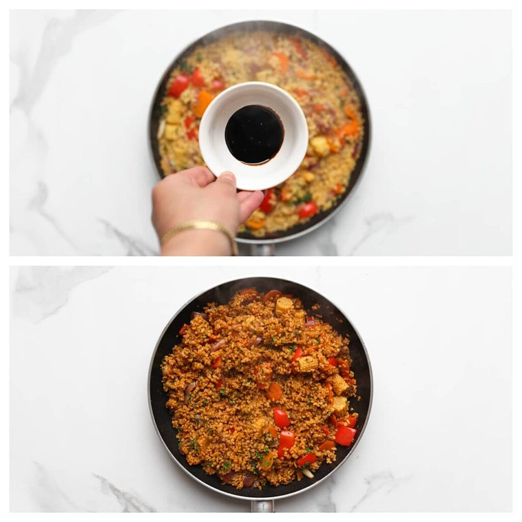 Meng de ketjap manis (30 g) en oestersaus in een kommetje. Voeg dit mengsel toe aan de gekookte bulgur en roer goed door.