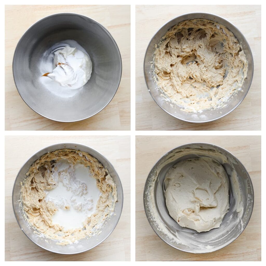 Doe de mascarpone in een diepe kom en voeg de poedersuiker, Biscoff-pasta en Klopfix toe. Mix dit ongeveer 1 minuut. Voeg geleidelijk de ongeklopte slagroom toe terwijl je blijft mixen, totdat de room stevig en luchtig is. Doe de room in een spuitzak met een spuitmondje.