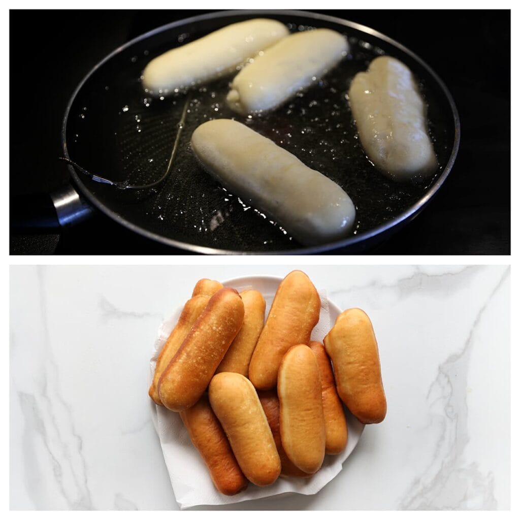 Verhit een laagje zonnebloemolie in een koekenpan op middelhoog vuur (175 °C). Bak de donuts aan beide zijden goudbruin en laat ze uitlekken op keukenpapier.