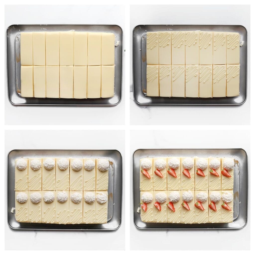 Snijd de taart in gelijke stukken. Garneer met witte chocoladelijntjes, kokosbollen en stukjes aardbei.