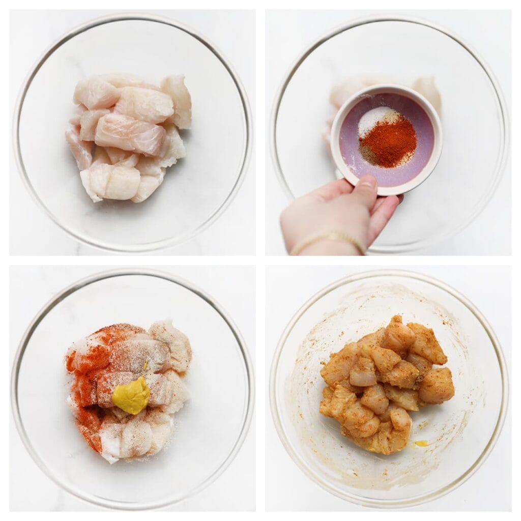 Snijd de kabeljauw in stukken en doe deze in een kom. Voeg het zout, uienpoeder, cayennepeper, zwarte peper en mosterd toe. Meng goed zodat de kabeljauw gelijkmatig is gekruid.