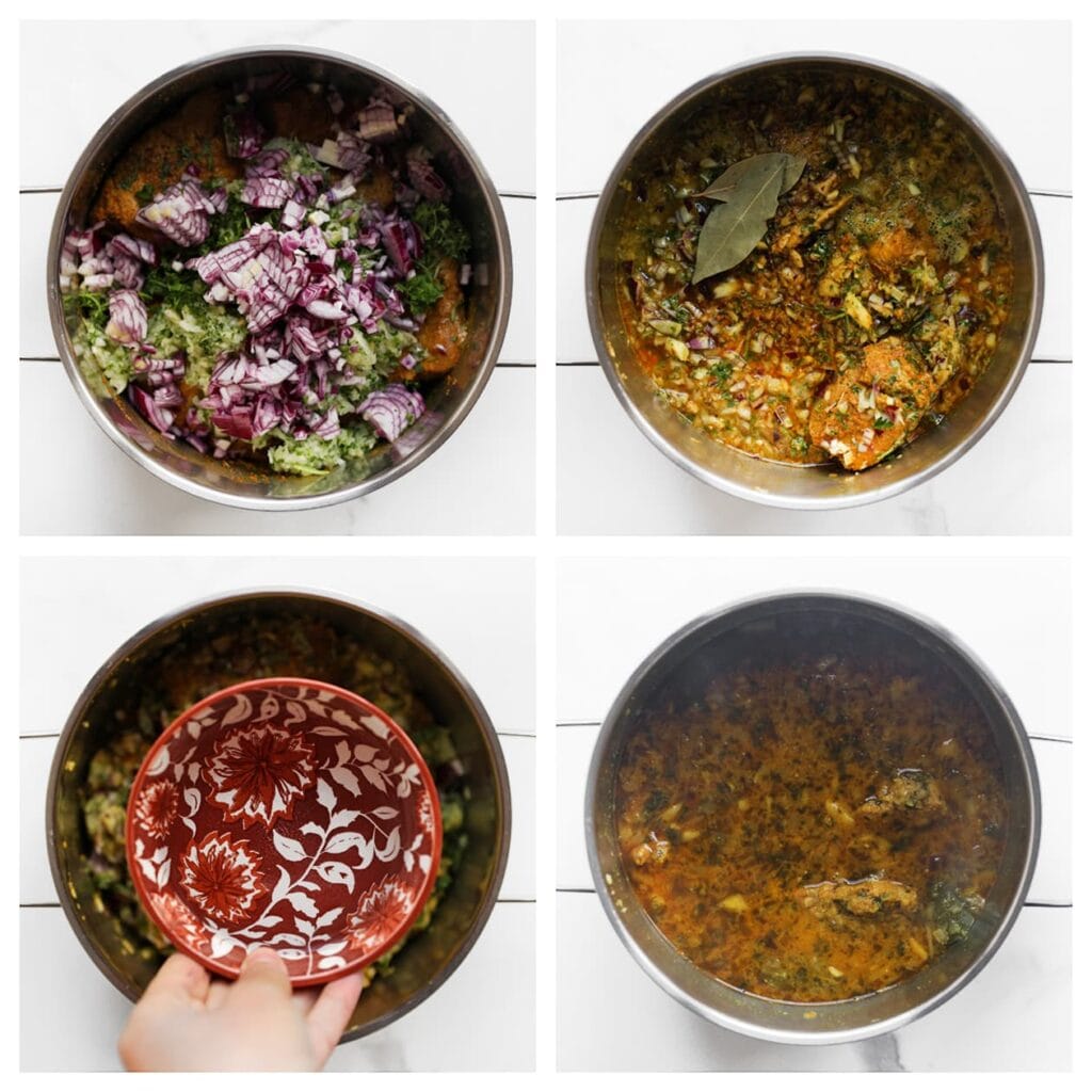 Voeg de gesnipperde rode ui en het appelmengsel toe aan de pan. Bak 4-5 minuten, zodat de smaken vrijkomen. Voeg de laurierblaadjes en het water toe. Zet het vuur hoog totdat het mengsel begint te pruttelen. Verlaag vervolgens het vuur en laat het 60 minuten zachtjes koken met de deksel op de pan.