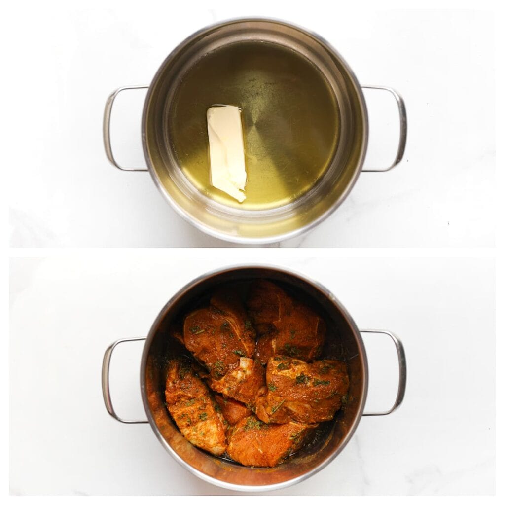 Verhit de roomboter en olijfolie in een diepe pan op middelhoog vuur. Voeg het vlees toe en bak het rondom bruin.