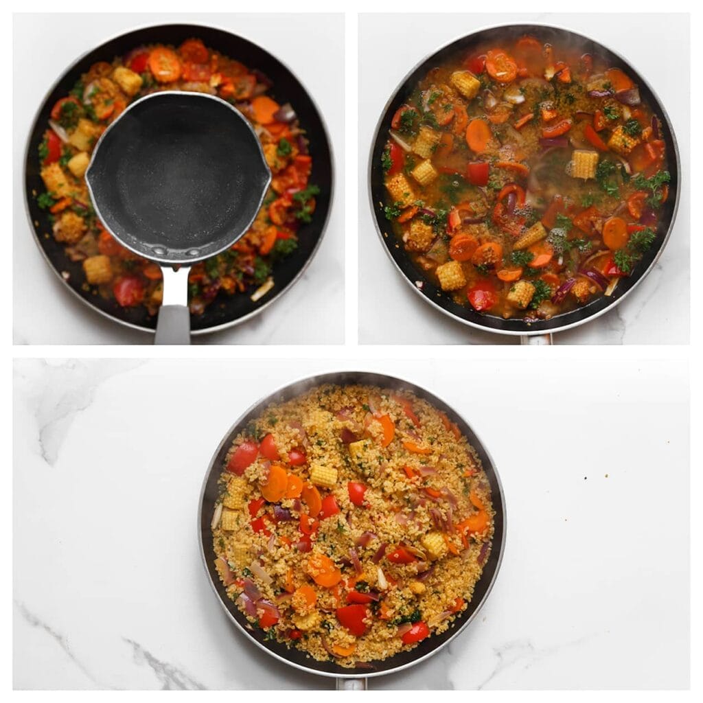 Voeg het water toe aan de pan. Roer goed door en breng aan de kook. Dek de pan af en laat het 10-12 minuten op laag vuur koken, of tot de bulgur al het water heeft geabsorbeerd.