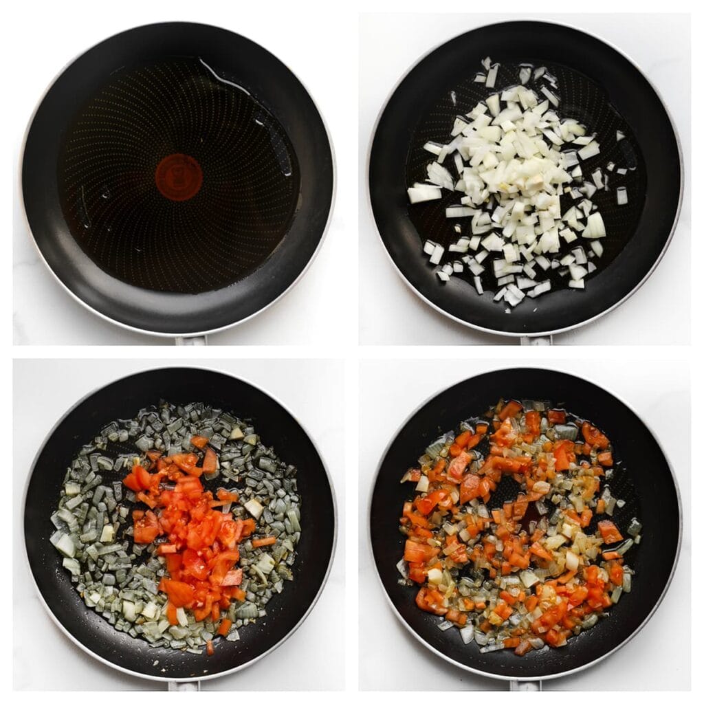 Verhit de olijfolie in een koekenpan op middelhoog vuur. Voeg de fijngesnipperde gele ui toe en bak deze 3-4 minuten. Voeg de in kleine blokjes gesneden tomaat toe en roerbak deze mee tot een geheel.