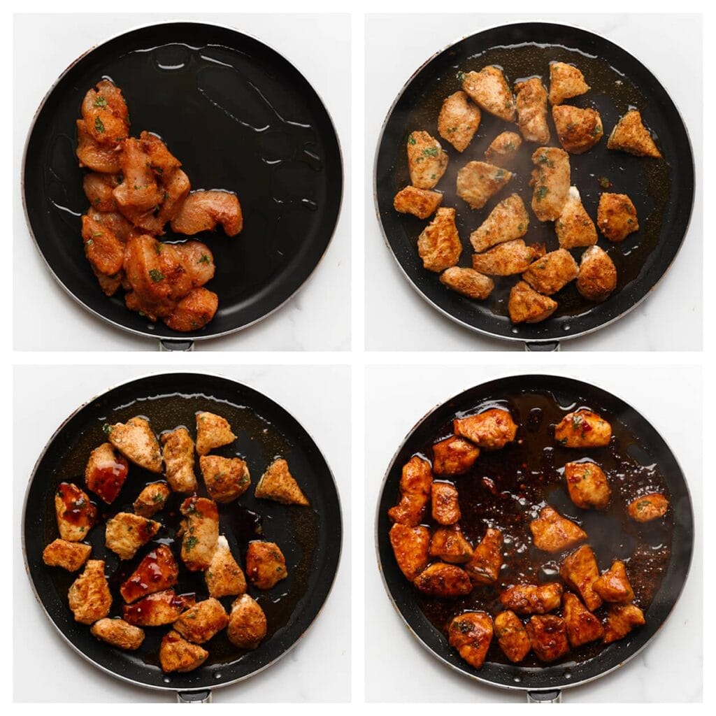 Verhit 25 ml olijfolie in een koekenpan op middelhoog vuur. Bak de kippendijen rondom gaar. Voeg de ketjap manis (20 g) toe en laat het geheel zachtjes sudderen tot de saus is ingedikt en goed gemengd.