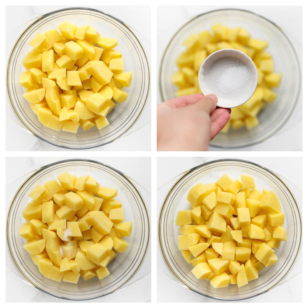 Schil de aardappels en snijd ze in blokjes. Bestrooi de blokjes met zout en meng goed.