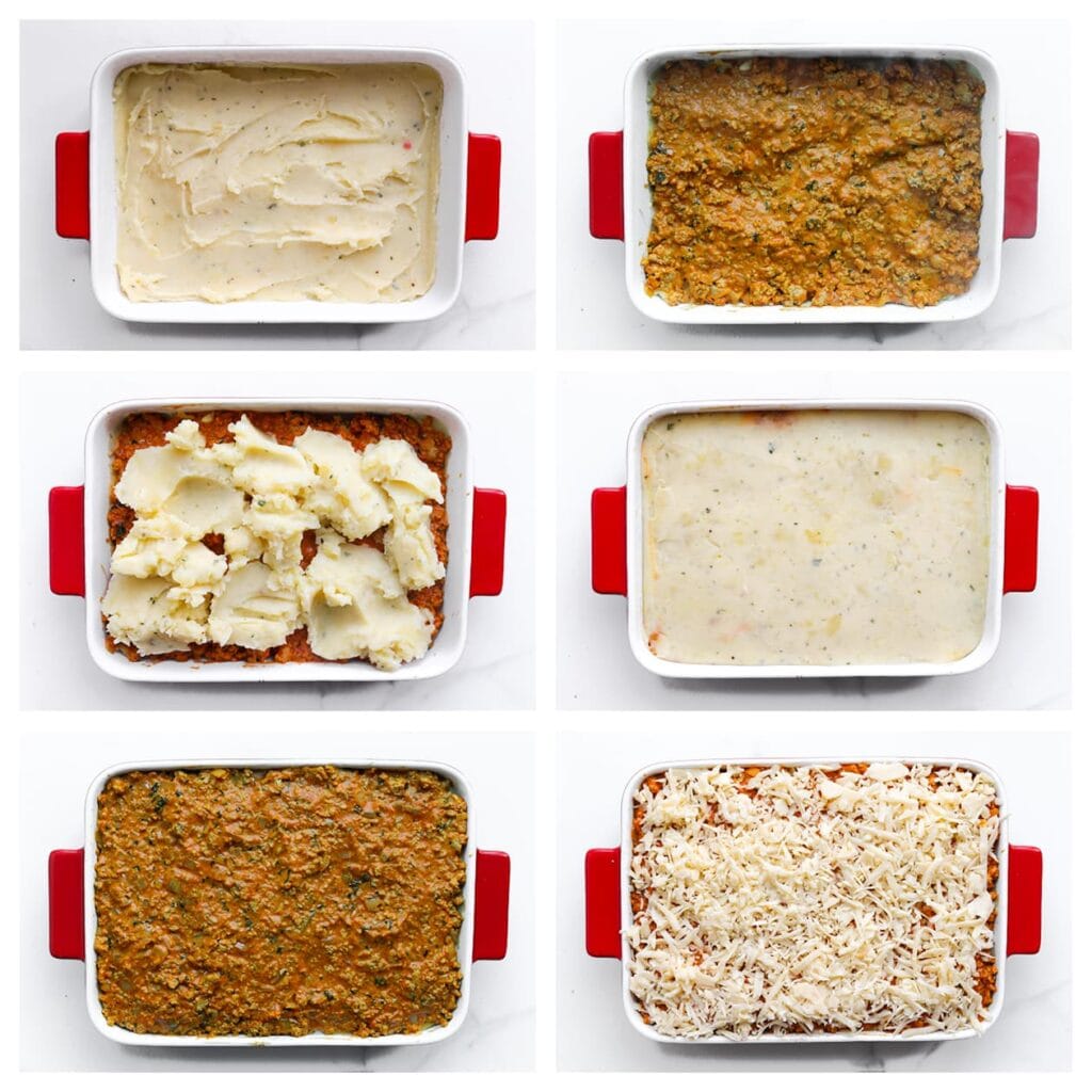 Verdeel de helft van het aardappelmengsel gelijkmatig over de bodem van een ovenschaal. Verdeel de helft van het gehaktmengsel erover. Herhaal met de rest van het aardappelmengsel en de rest van het gehaktmengsel. Strooi de geraspte kaas gelijkmatig over de bovenkant.