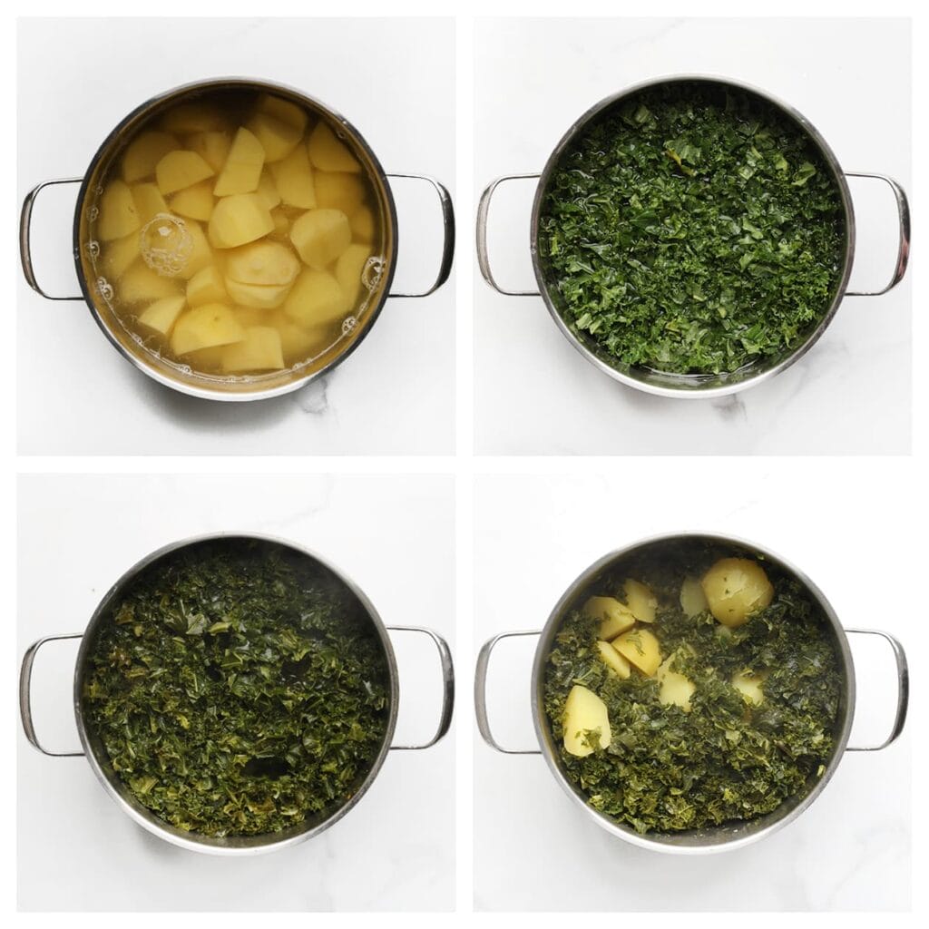 Schil en snijd de aardappels in stukken. Doe ze in een pan en voeg de boerenkool toe. Vul de pan met heet water en breng aan de kook. Kook de aardappels en boerenkool in 20-25 minuten zacht. Giet daarna het water af.