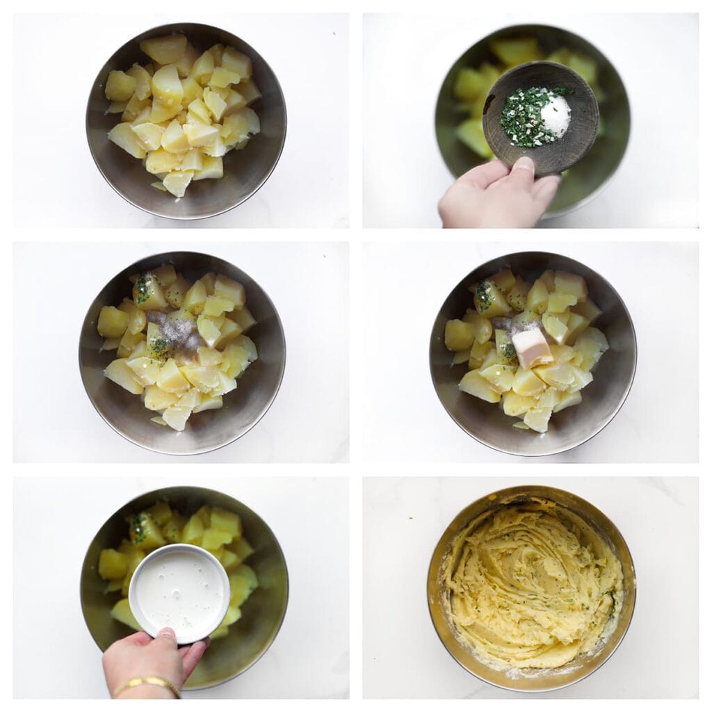 Voeg zout, zwarte peper, gedroogde peterselie, roomboter en ongeklopte slagroom toe aan de warme aardappels. Stamp of prak de aardappels fijn tot een romige puree.