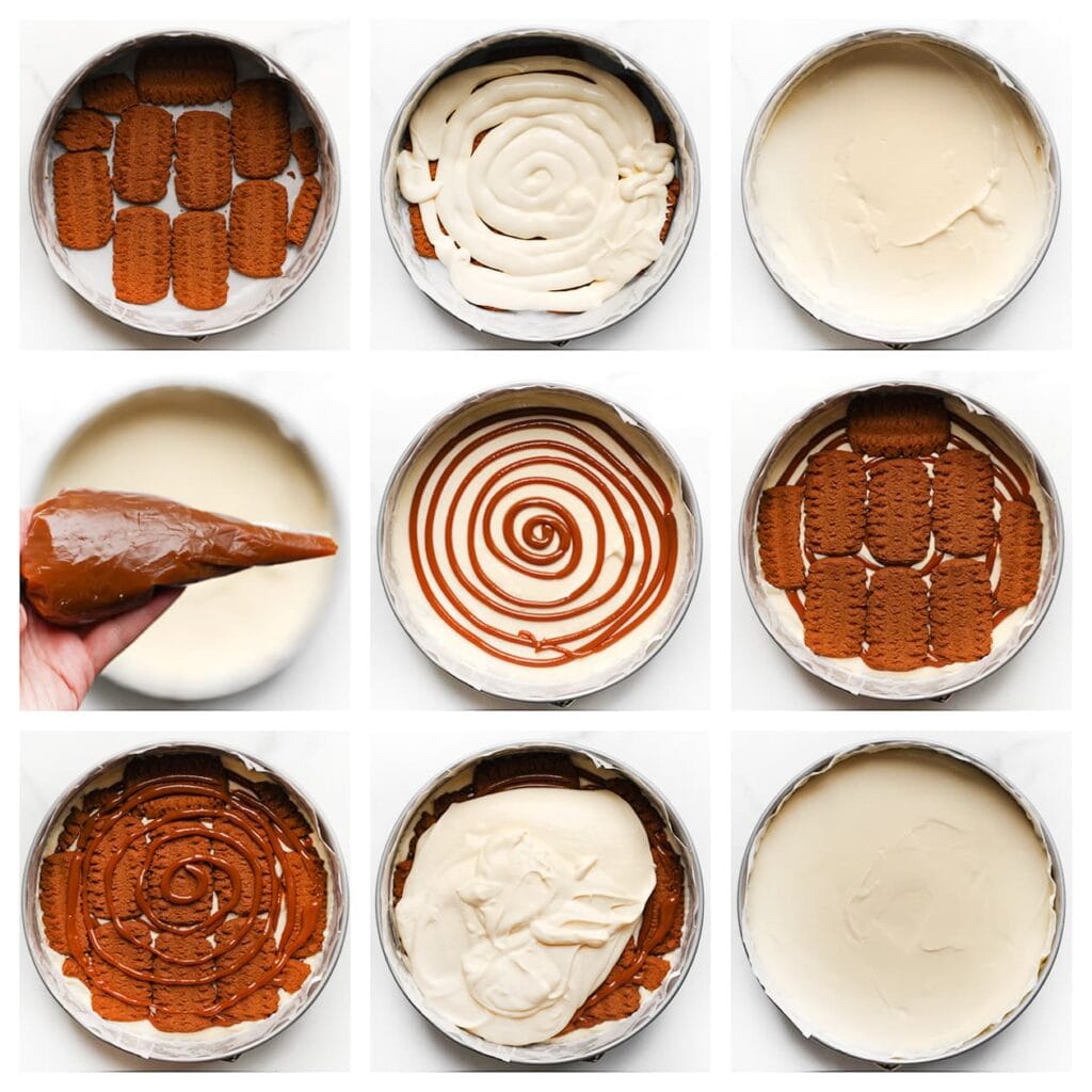 Bekleed de bodem van een bakvorm met bakpapier. Verkruimel een laagje bastogne koek en verdeel dit over de bodem. Giet de helft van het cheesecakebeslag erop en strijk het glad. Verdeel 75 g karamel over het beslag. Bedek dit met een tweede laag bastogne koek en verdeel opnieuw 75 g karamel erover. Voeg het resterende cheesecakebeslag toe en strijk de bovenkant glad.