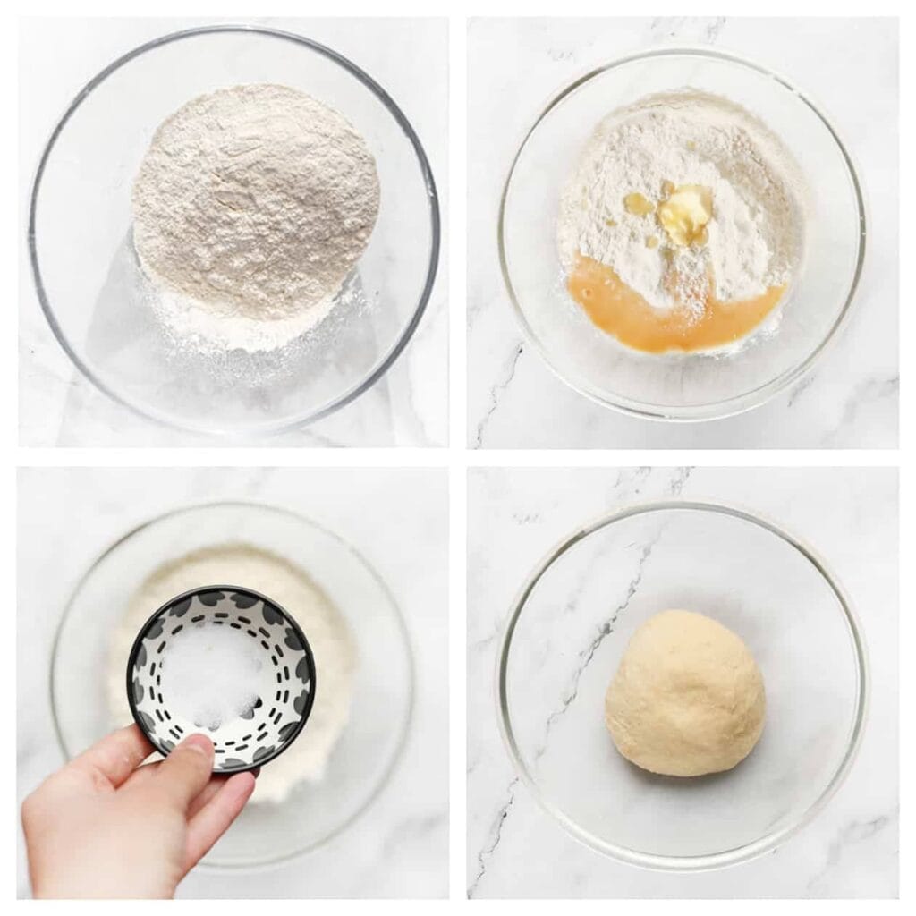 Voeg de roomboter, bloem en het zout toe. Meng 10-12 minuten tot een samenhangend deeg. Dek af en laat 1 uur rijzen op een warme plek, of tot het deeg in omvang is verdubbeld.