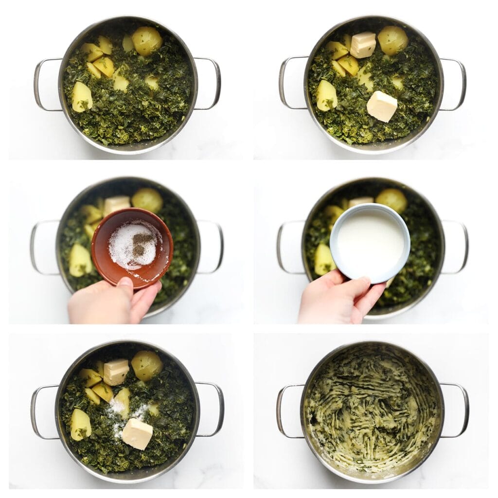 Voeg de roomboter, het zout, de zwarte peper en de melk toe aan de aardappels. Prak of stamp tot een geheel.