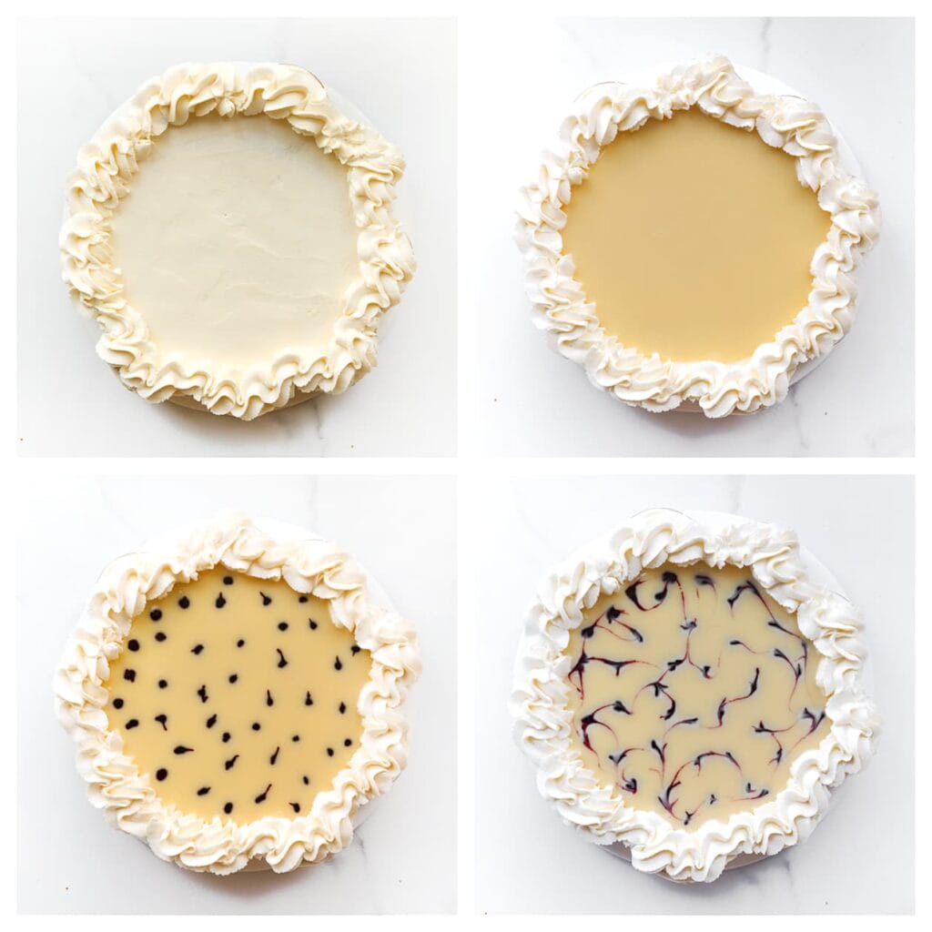 Spuit een toef room aan de zijkanten van de taart. Verdeel de witte chocoladeganache over het midden. Spuit wat bosbessensiroop over de ganache en gebruik een tandenstoker om een sierlijk patroon te maken. Dek de taart af en laat deze verder opstijven in de koelkast, bij voorkeur een nachtje.