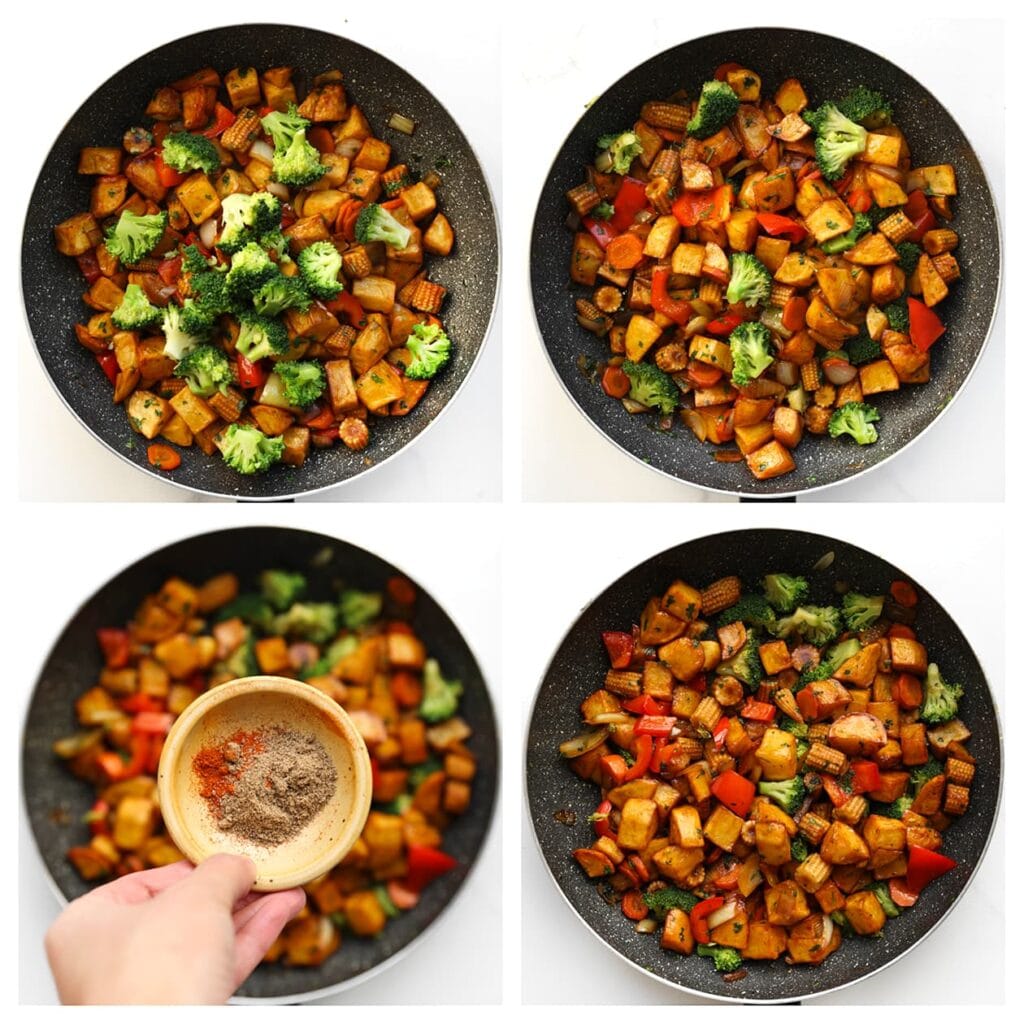 Voeg tot slot de broccoli, korianderpoeder, cayennepeper en knoflookpoeder toe. Roerbak kort mee totdat de broccoli beetgaar is.