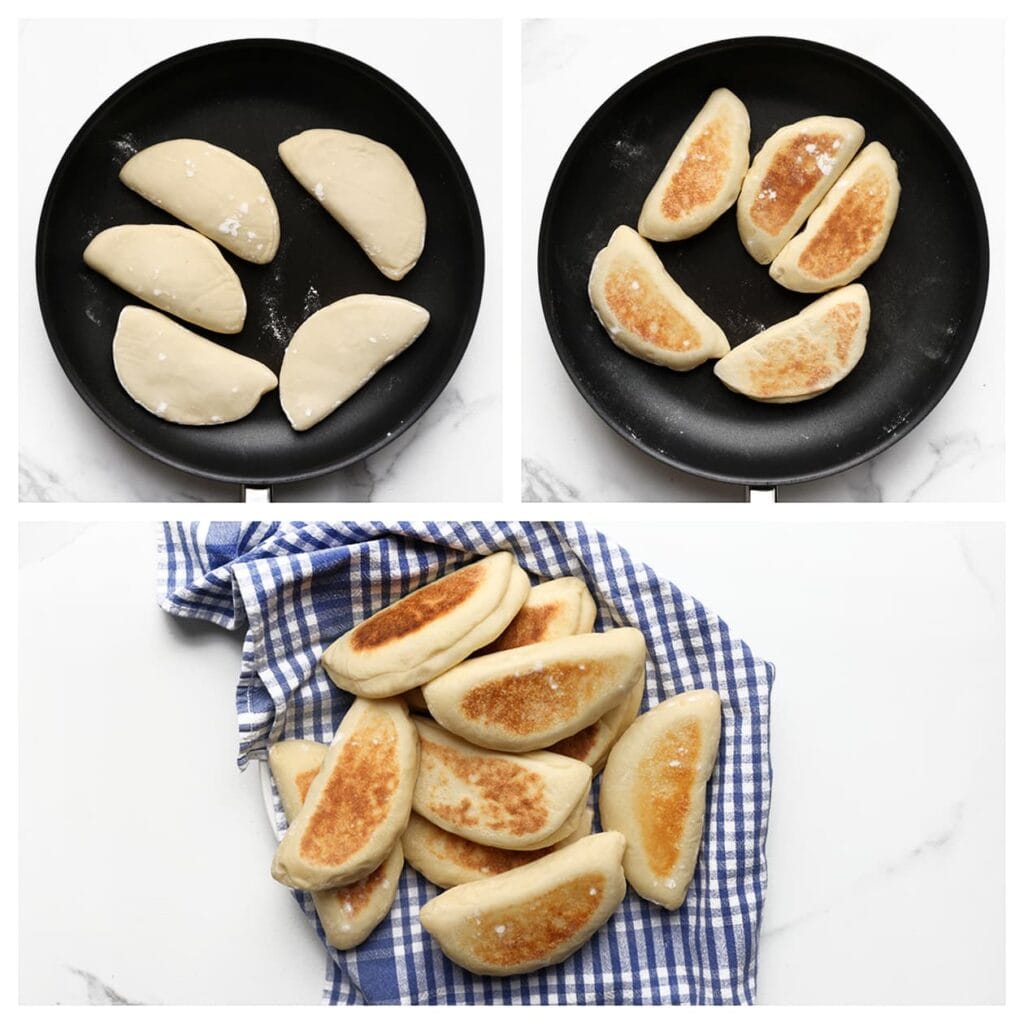 Bak de broodjes in een koekenpan met een dikke bodem aan beide kanten goudbruin op middellaag vuur. Dek de broodjes direct af met een schone theedoek om ze heerlijk zacht te houden.