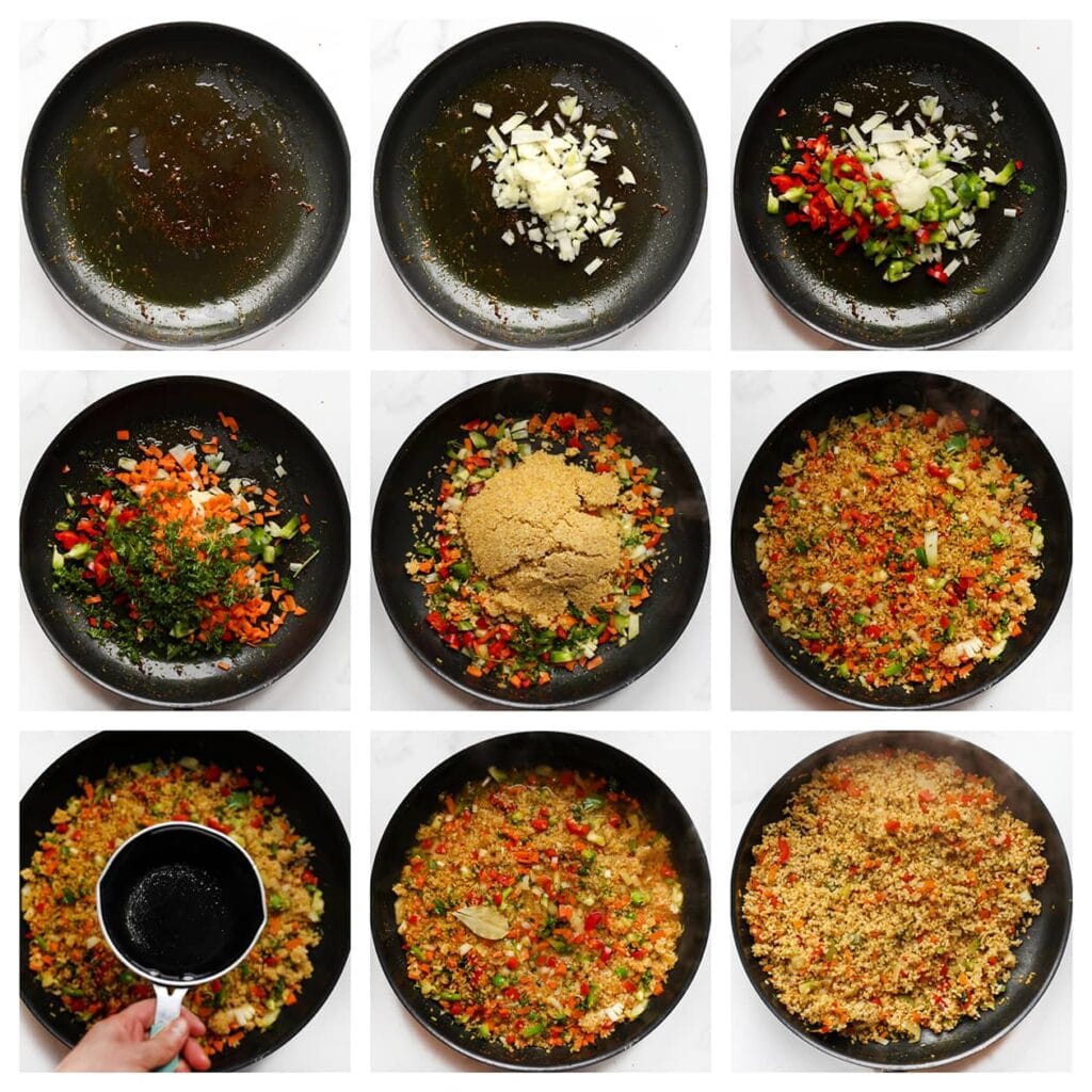 Verhit in dezelfde pan 15 ml olijfolie op middelhoog vuur. Voeg de gesnipperde gele ui, fijngehakte rode en groene paprika, wortelblokjes en gehakte peterselie toe. Voeg de bulgur toe, samen met het zout, komijnpoeder, korianderpoeder, knoflookpoeder en cayennepeper. Meng alles goed door elkaar. Giet het gekookte water erbij en roer door. Zet het vuur hoog tot het mengsel begint te koken. Zodra het kookt, zet je het vuur laag. Dek de pan af en laat het 10-15 minuten zachtjes koken, of tot de bulgur al het water heeft opgenomen.