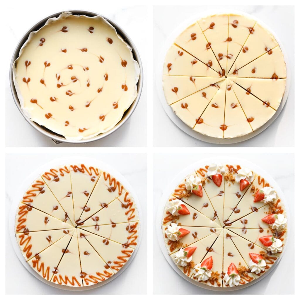 Snijd de cheesecake in mooie stukken. Garneer indien gewenst met extra karamel, toefjes room of verse aardbeien.