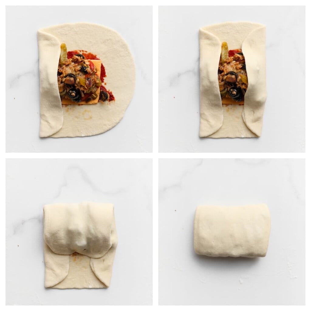 Vouw één kant van het deeg over de vulling. Vouw daarna de andere kant eroverheen, zodat de randen elkaar licht overlappen. Vouw de bovenkant van het deeg naar beneden en rol het strak op. Zorg dat de randen goed afgesloten zijn.
