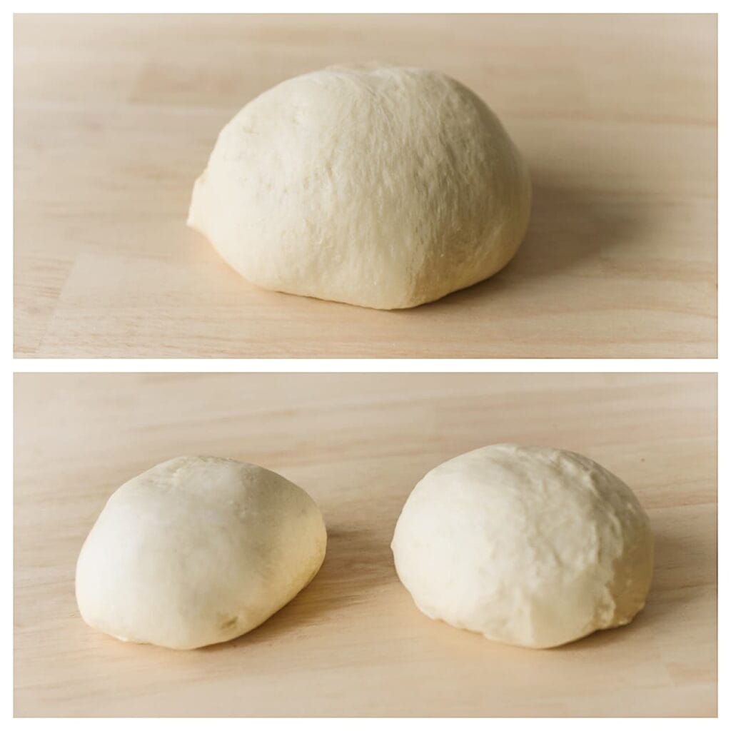 Druk de lucht uit het deeg en verdeel het in twee gelijke stukken. Vorm beide stukken tot bollen.