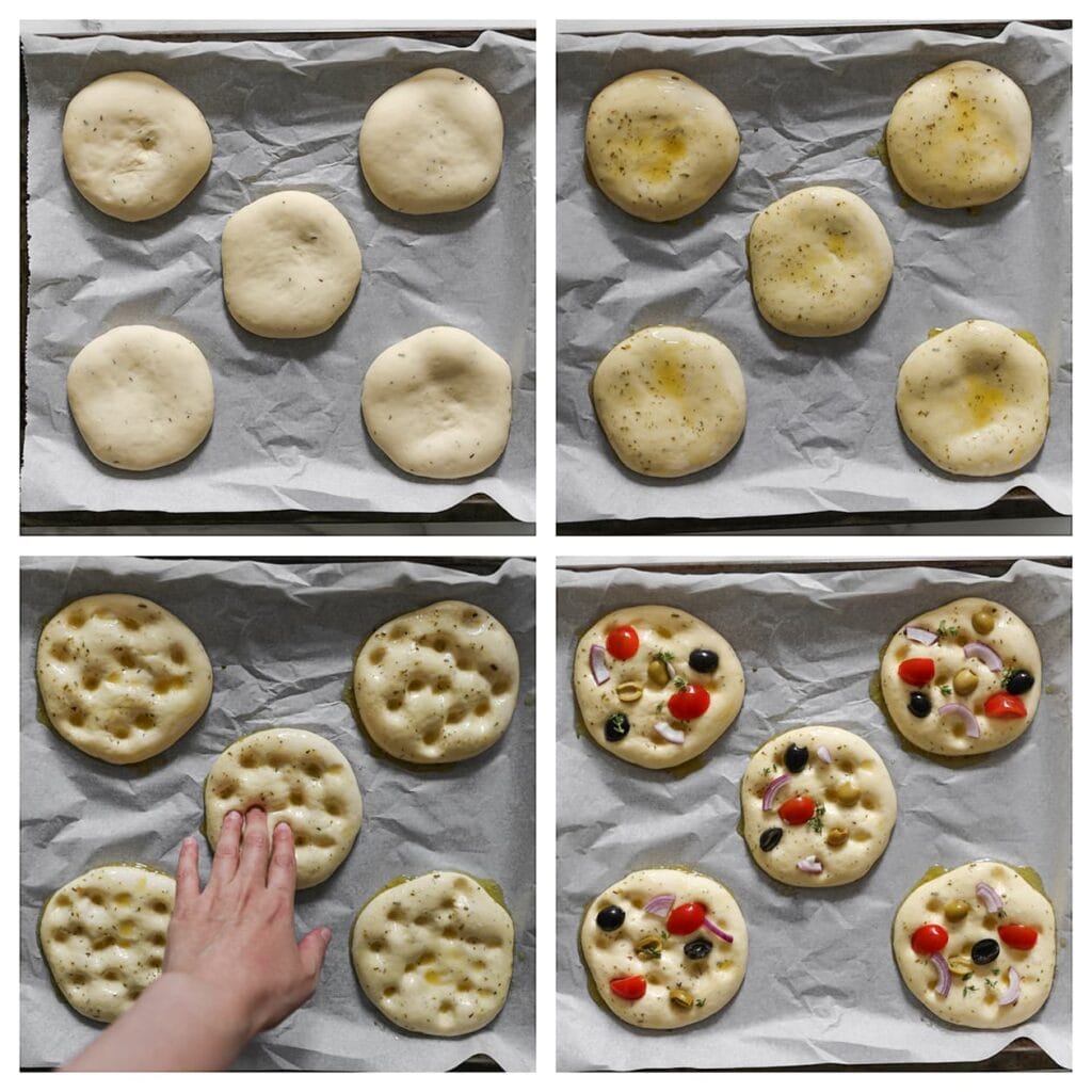 Bestrijk het deeg met het olijfolie-mengsel. Druk het deeg in met je vingertoppen en garneer met stukjes snoeptomaat, zwarte en groene olijven, gedroogde tijm en rode ui.