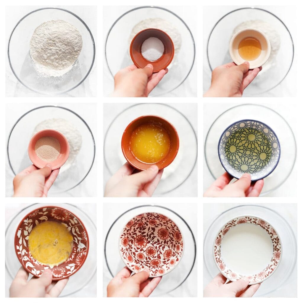 Doe de bloem, gist, zout, een geklutst ei, zonnebloemolie, honing, roomboter, lauwwarm water en lauwwarme melk in een diepe kom. Meng en kneed 10-12 minuten tot een soepel en elastisch geheel.