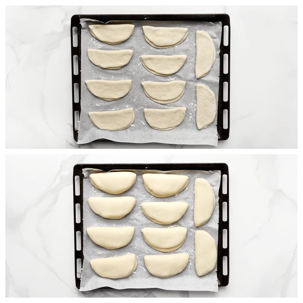 Leg de deegstukken op een bakplaat met bakpapier en laat ze 30 minuten rijzen, of tot ze in omvang zijn verdubbeld.