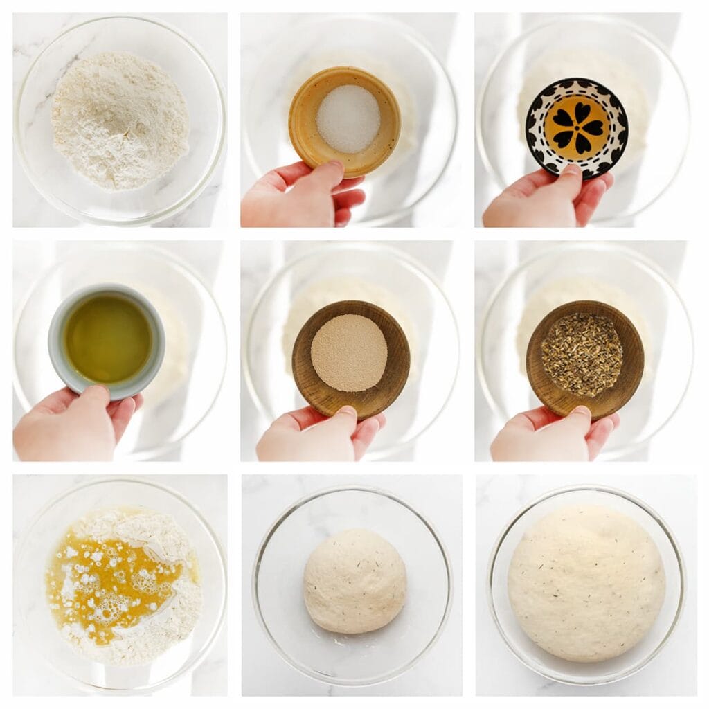 Doe de bloem, het zout, de gist, honing, olijfolie, Italiaanse kruiden en het lauwwarme water in een diepe kom. Meng goed en kneed 10-12 minuten tot een samenhangend deeg.