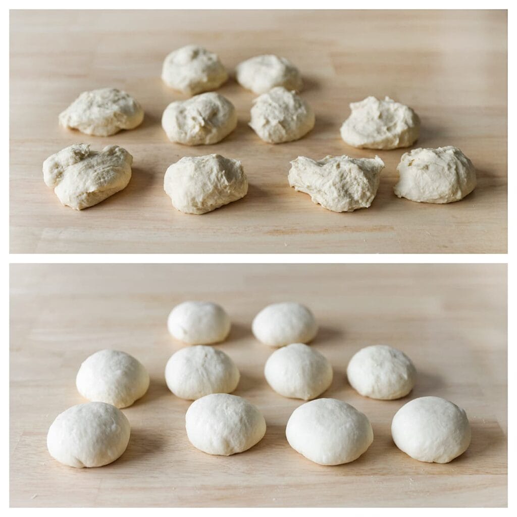 Druk de lucht uit het deeg en verdeel het in 10 gelijke stukken (ongeveer 80 gram per bol). Vorm ze tot strakke bollen.