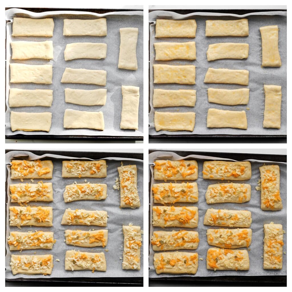 Leg de deegstukken op een bakplaat met bakpapier. Bestrijk de bovenkant met een geklutst ei en garneer met cheddar en geraspte kaas. Laat de broodjes 30 minuten rijzen op een warme plek, of tot ze in omvang zijn verdubbeld.