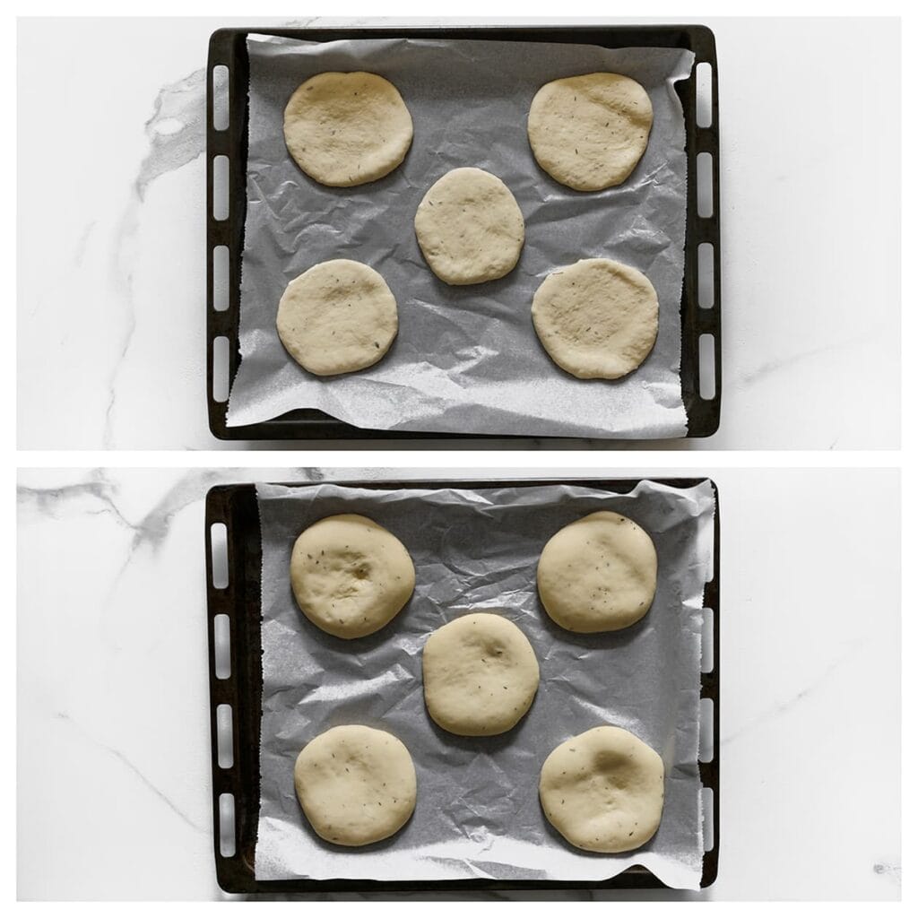 Leg het deeg op een bakplaat met bakpapier. Laat 30 minuten rijzen, of tot het deeg in omvang is verdubbeld.