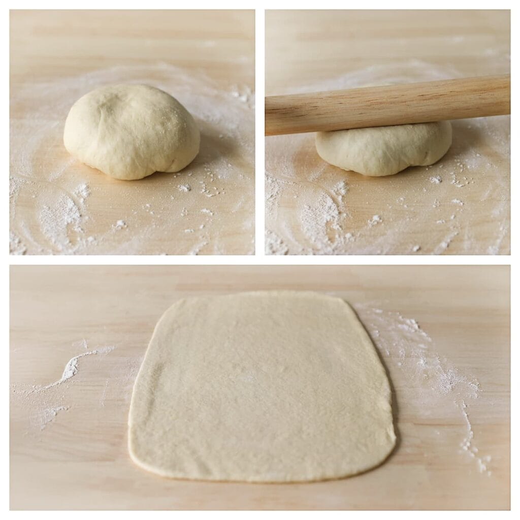 Stort één bol op een met bloem bestoven werkplek. Rol uit tot een rechthoek van ongeveer 35x40 cm.