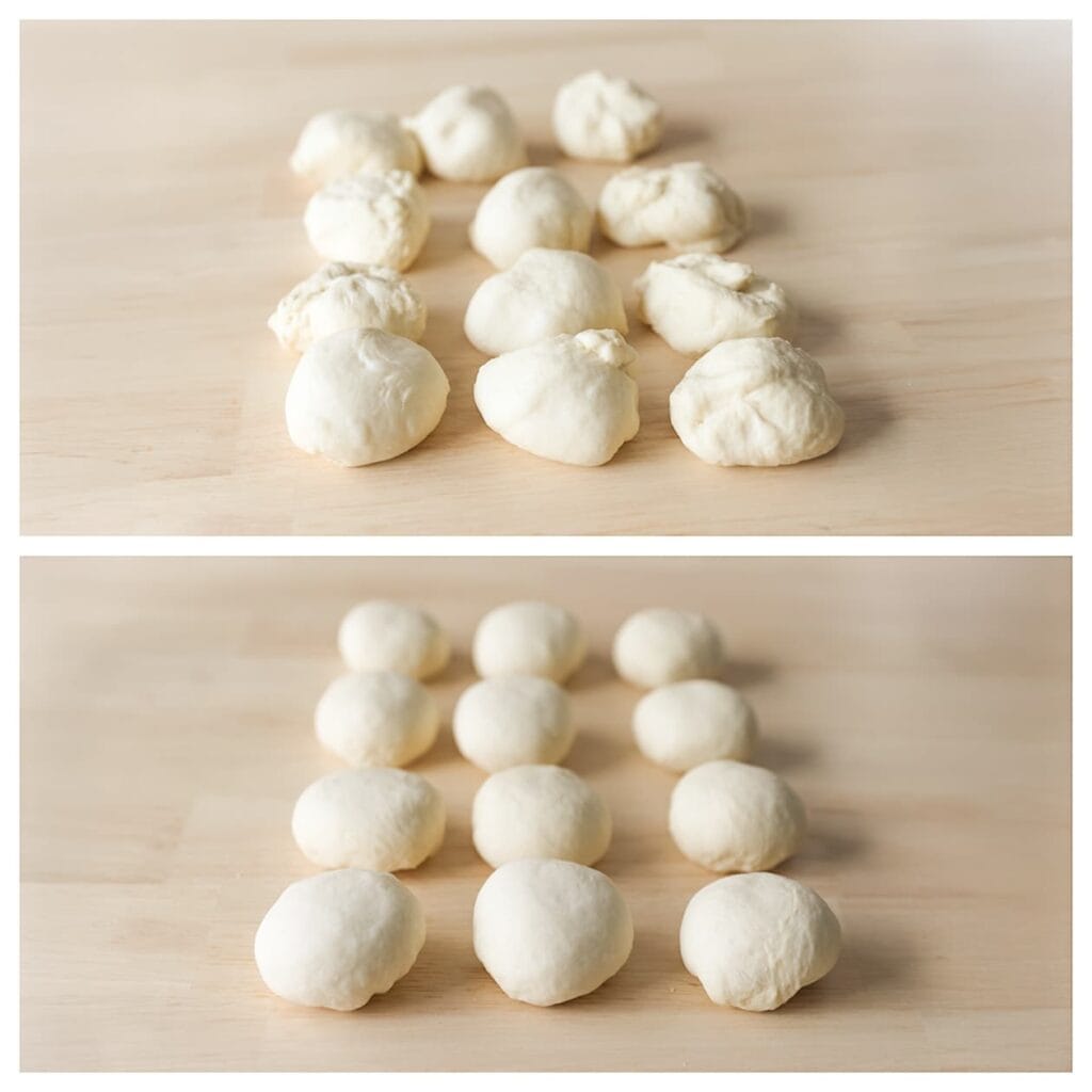 Druk de lucht uit het deeg en verdeel het in 12 gelijke stukken. Vorm tot bollen.