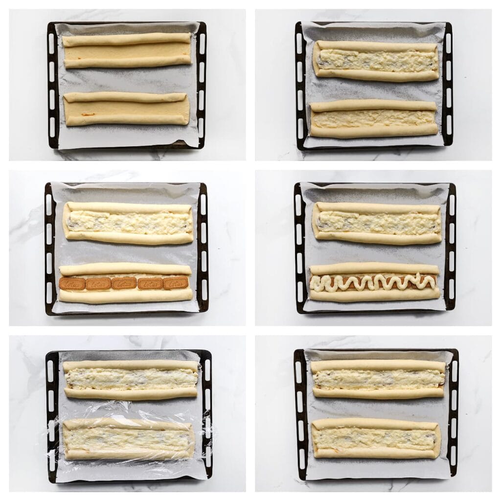 Leg de opgerolde stukken deeg op een met bakpapier beklede bakplaat. Vul de gleuf in het midden van het deeg met gele room en leg een rij biscoff-koekjes erop. Spuit nog een laag gele room over de koekjes en smeer gelijkmatig uit. Gebruik huishoudfolie om alles licht aan te drukken.