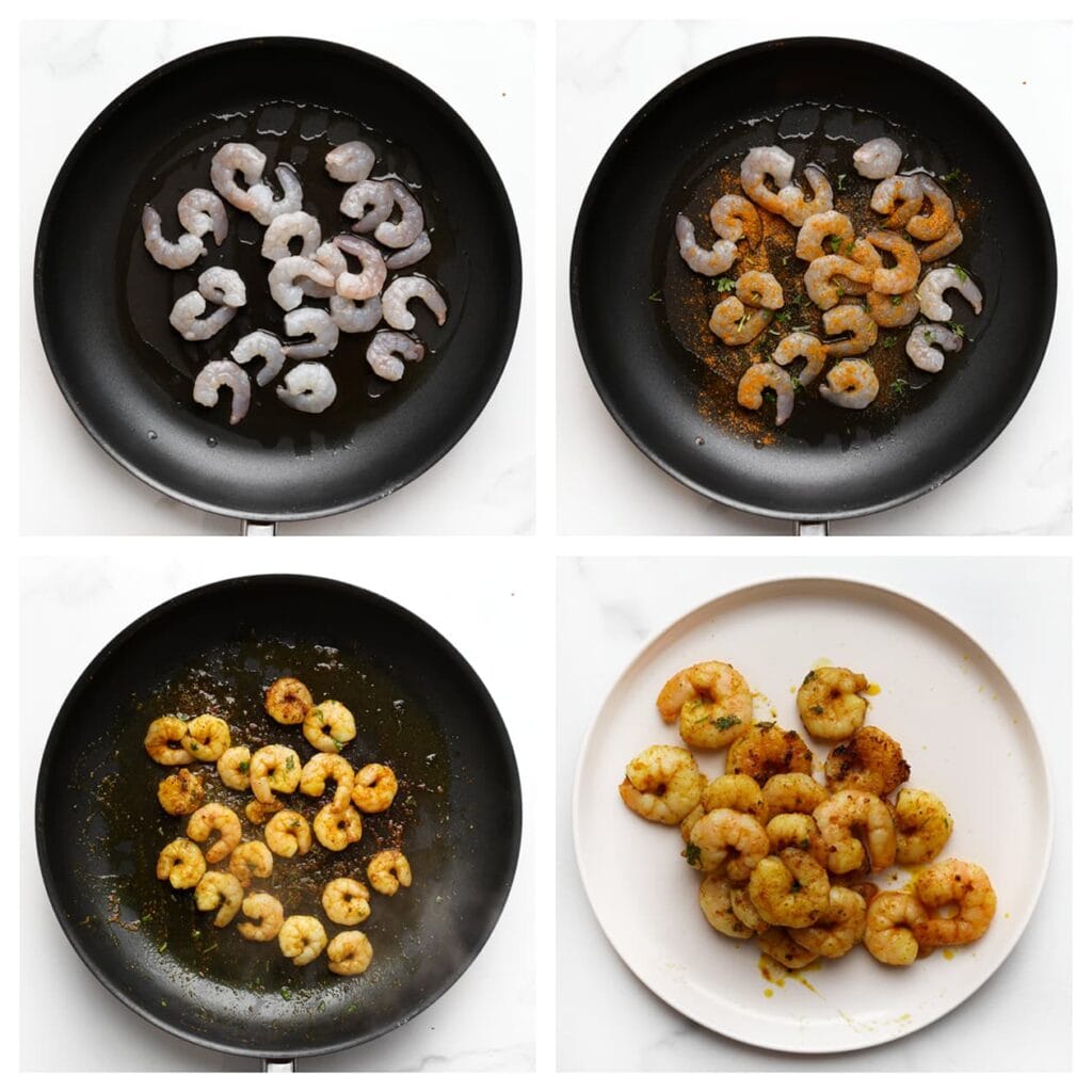 Verhit 25 ml olijfolie in een koekenpan met dikke bodem op middelhoog vuur. Voeg de garnalen, ras el hanout, knoflookpoeder, cayennepeper en fijngehakte peterselie toe. Bak de garnalen 1-2 minuten per kant, of tot ze gaar zijn. Garnalen zijn klaar wanneer ze roze en ondoorzichtig zijn. Haal de garnalen uit de pan en zet apart.