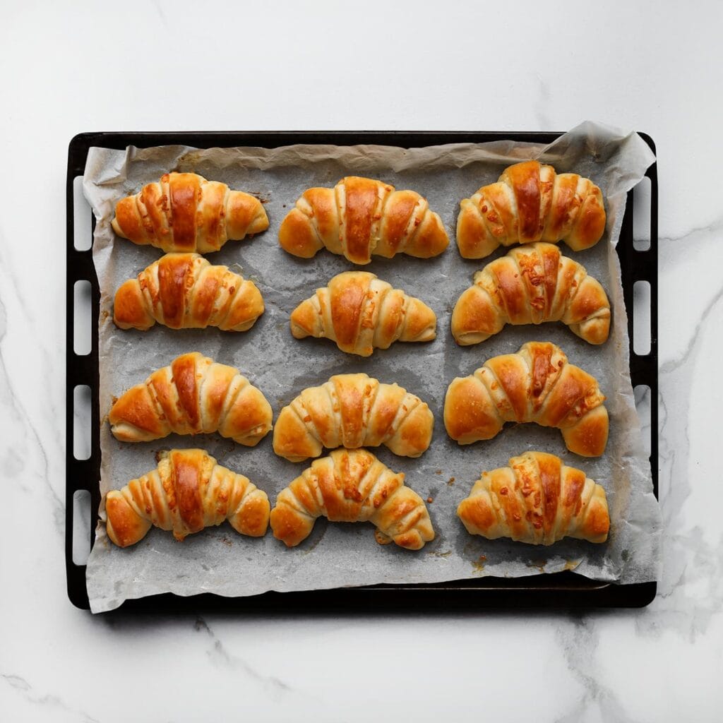 Verwarm de oven voor op 200 ℃ en bak de croissantbroodjes 10-15 minuten, of tot ze goudbruin zijn. Laat ze afkoelen. Houd de baktijd zelf in de gaten, want elke oven werkt anders. Laat afkoelen.