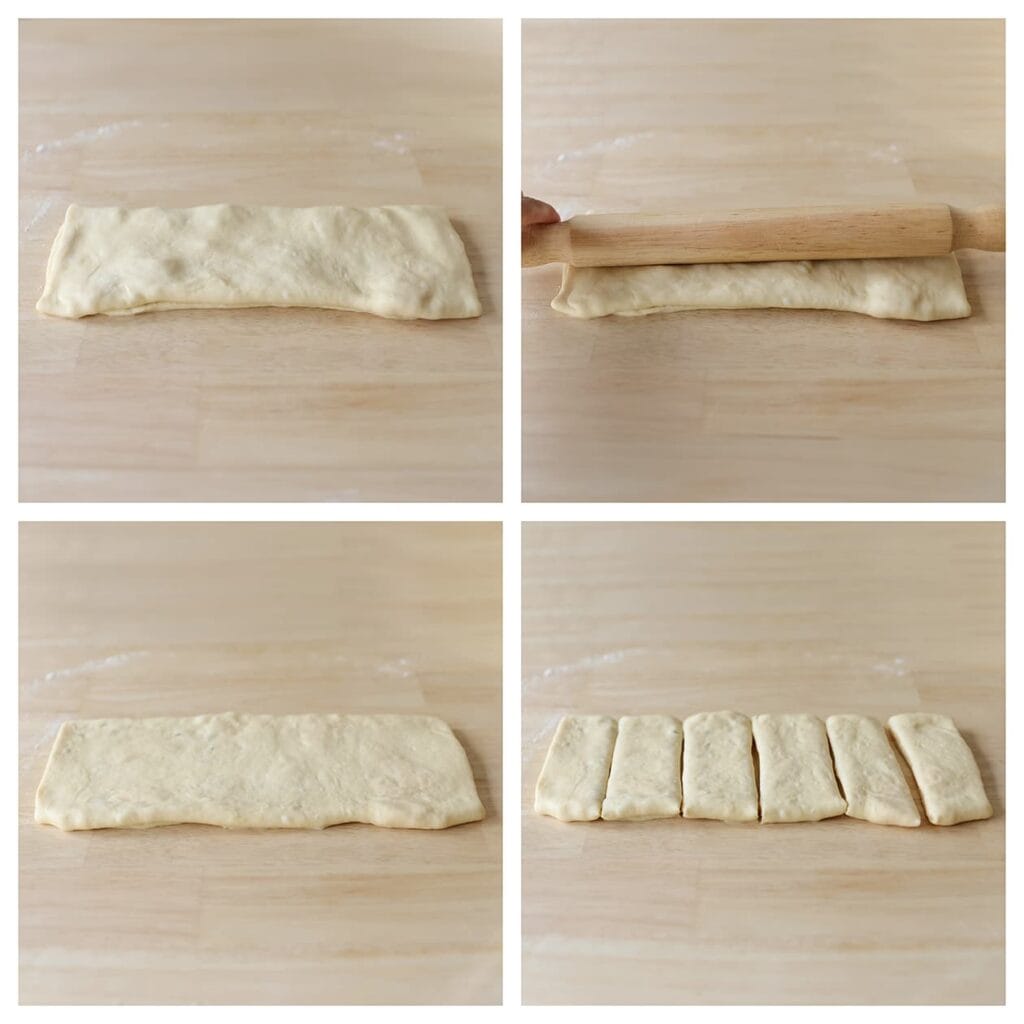 Draai het deeg om en rol het ietsjes plat. Snijd het deeg in zes gelijke stukken. Herhaal deze stappen met het tweede stuk deeg.