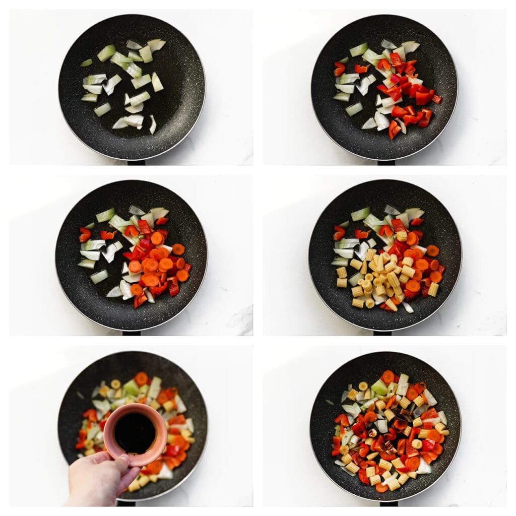 Verhit 35 ml olijfolie in een grote wok of koekenpan op middelhoog vuur. Voeg de gele ui, rode paprika, wortelplakjes en babymaïs toe. Roerbak 3-4 minuten. Voeg daarna de ketjap manis toe en meng goed.