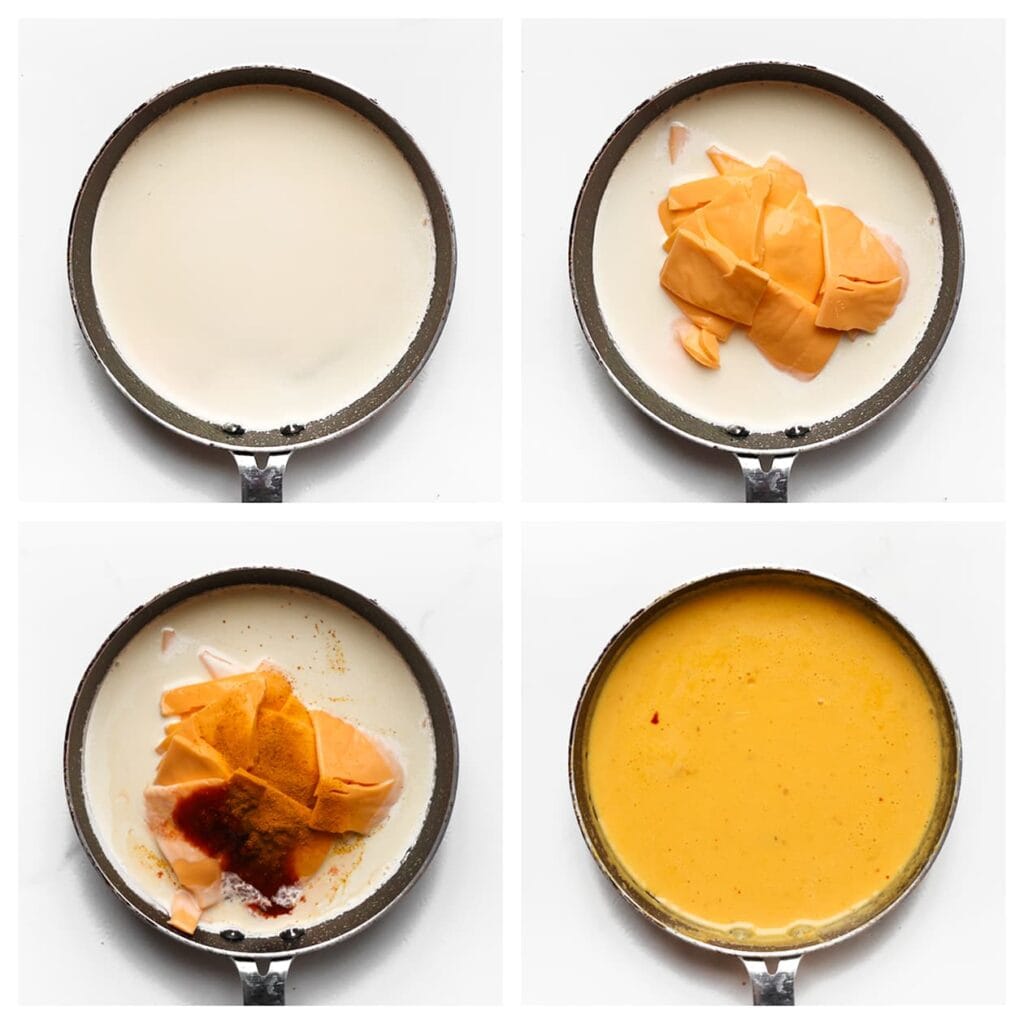 Verwarm de ongeklopte slagroom samen met de cheddar kaas, sambal en kurkuma op laag tot middelhoog vuur. Blijf constant roeren totdat de kaas volledig is gesmolten en de saus een gladde, romige textuur heeft. Is de saus te dun? Laat deze dan 1-2 minuten indikken op laag vuur terwijl je blijft roeren.