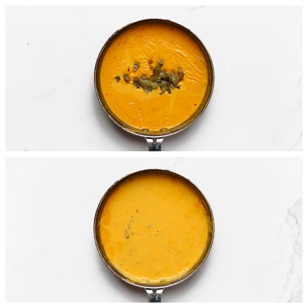 Haal de pan van het vuur en voeg de fijngesneden jalapeño’s toe. Roer alles goed door zodat de smaken mooi samenkomen.