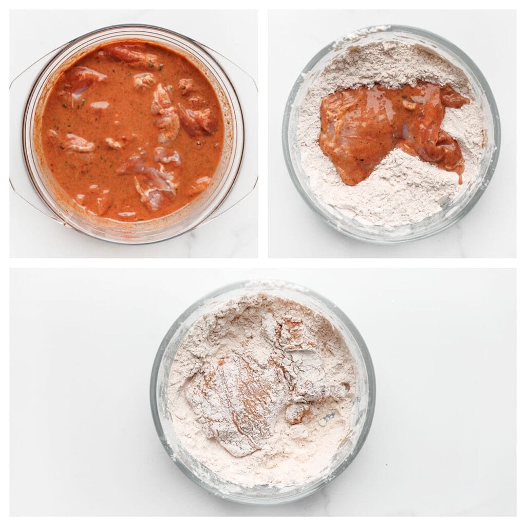 Haal de gemarineerde kip volledig door de bloemmix, zodat elk stukje goed bedekt is.