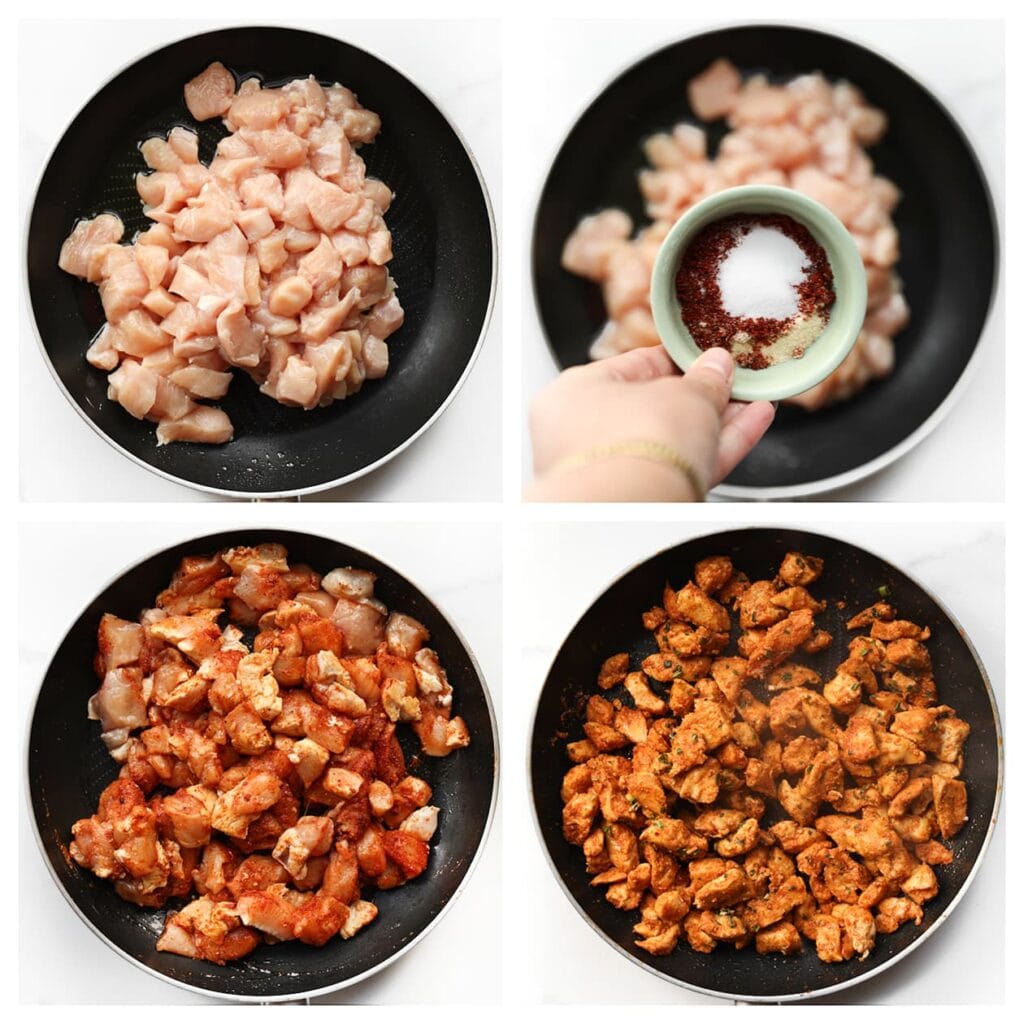 Verhit de olijfolie in een koekenpan op middelhoog vuur. Voeg de kippendijen, zout, cayennepeper, korianderpoeder, knoflookpoeder, uienpoeder, paprikapoeder en komijnpoeder toe. Bak de kip in 5-7 minuten gaar en goudbruin.