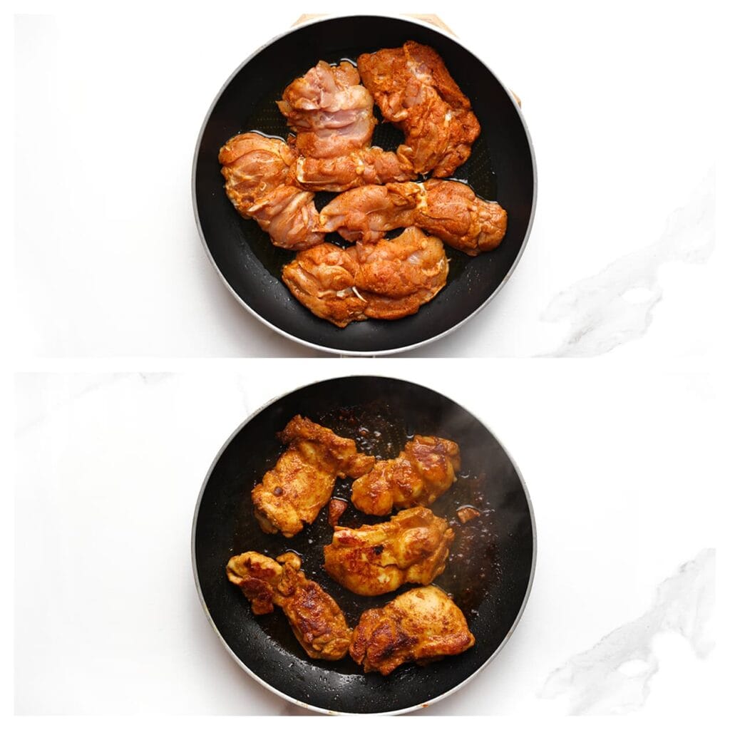 Verhit 25 ml olijfolie in een koekenpan met dikke bodem op middelhoog vuur. Leg de kippendijen in de pan en bak 5-6 minuten per kant, of tot ze gaar zijn en een mooie goudbruine kleur hebben.