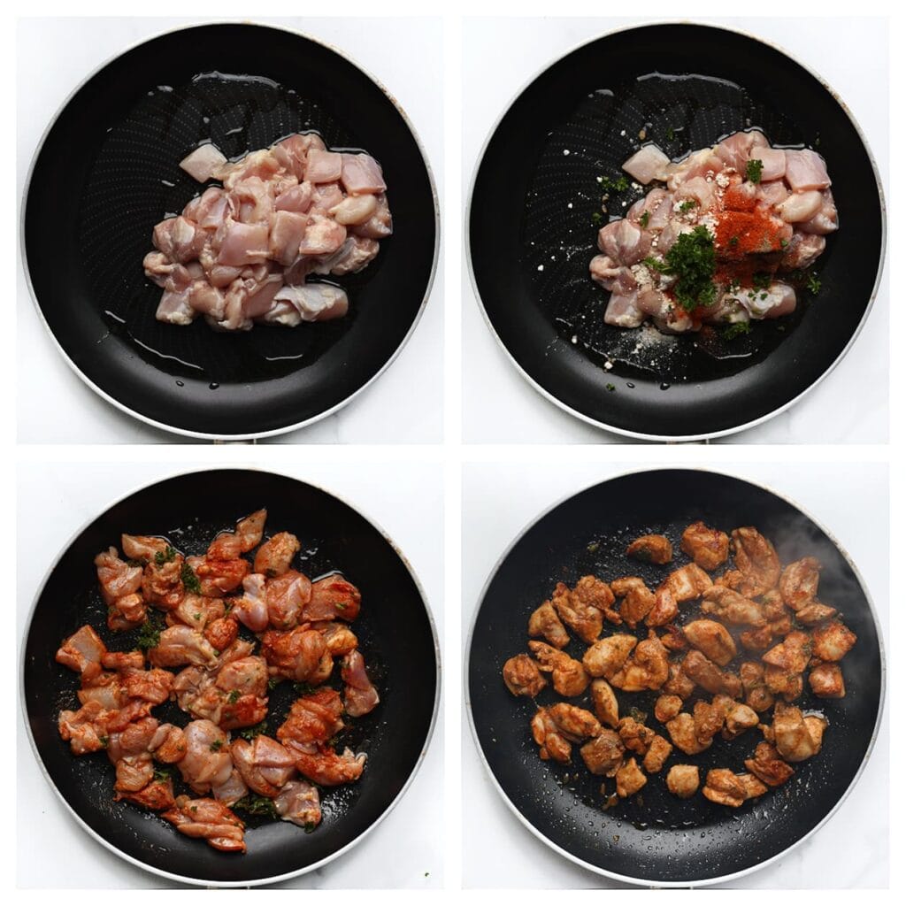 Was de kippendijen en snijd ze in blokjes. Verhit de olijfolie in een koekenpan op middelhoog vuur. Voeg de kipblokjes, cayennepeper, knoflookpoeder, uienpoeder, zwarte peper, korianderpoeder en fijngehakte peterselie toe. Bak de kip in 5-6 minuten gaar.