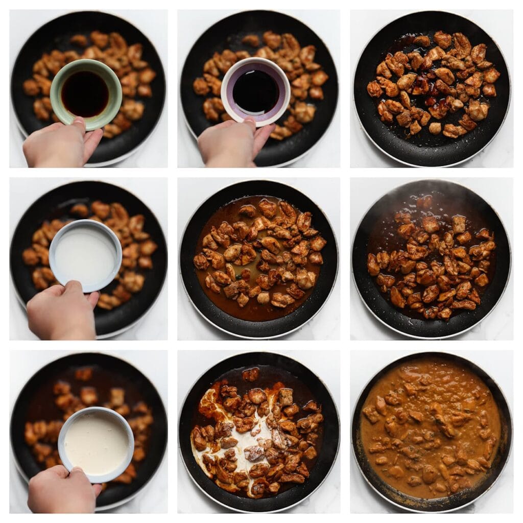 Voeg de sojasaus, ketjap manis en het maizenamengsel toe aan de pan met kip. Laat 3-4 minuten koken. Giet de ongeklopte slagroom erbij en kook het geheel nog 5-7 minuten, of tot de saus is ingedikt.