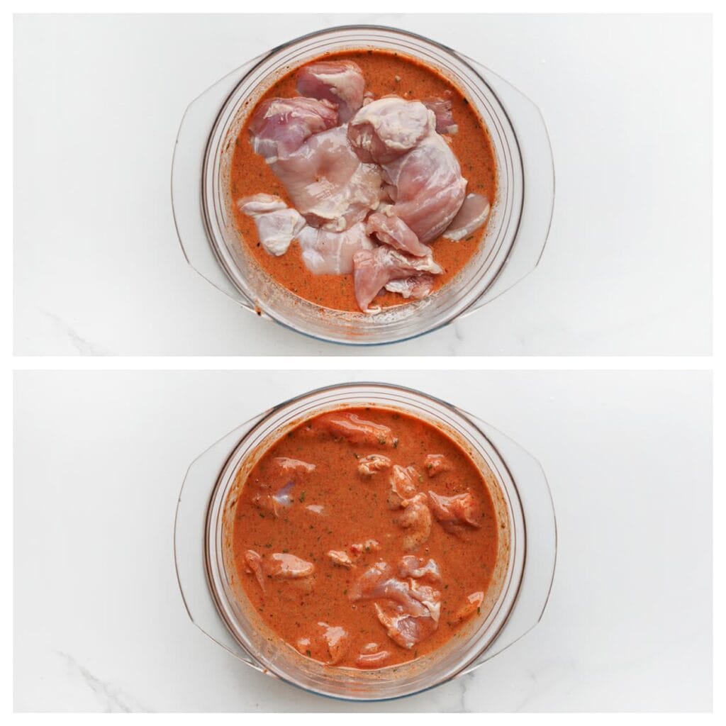 Was en snijd de kippendijen in stukken. Voeg de kip toe aan het mengsel, dek af en laat 30 minuten in de koelkast marineren.